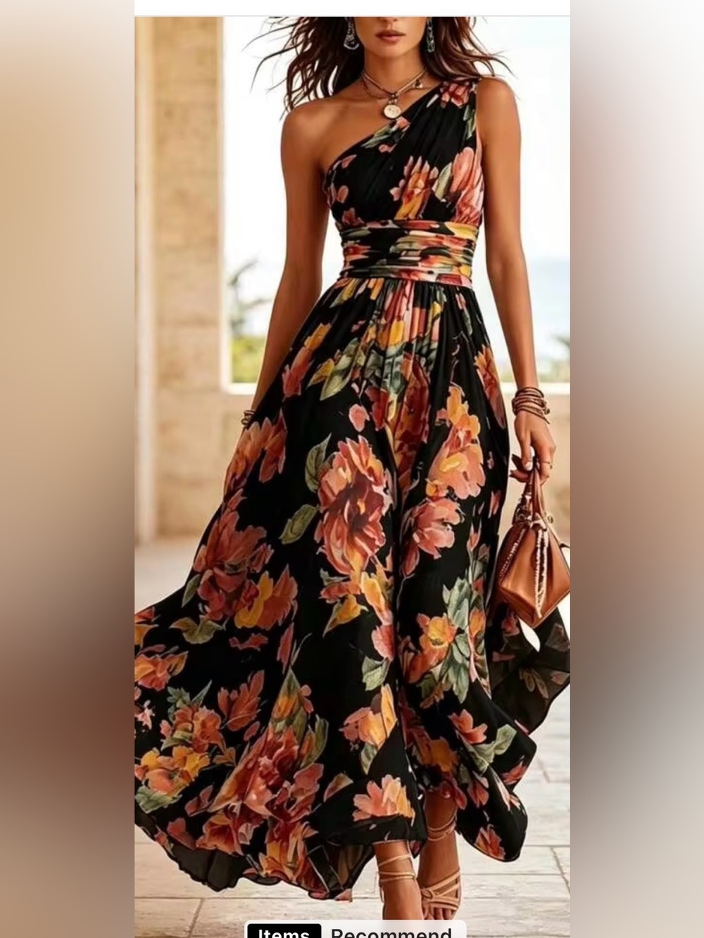 One shoulder Floral Black Chiffon Maxi dress- lined, zipper back